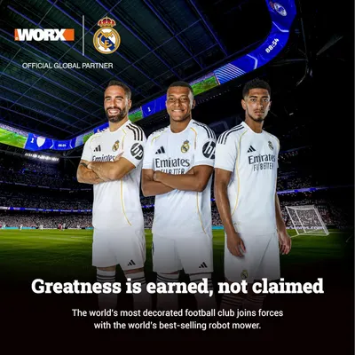 Communicates the official partnership between WORX and Real Madrid, leveraging the football club's prestige and heritage to build brand credibility and emotional connection with shoppers.