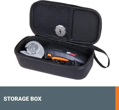 Shows the protective storage case that comes with the product, demonstrating how the tool and accessories are organized and protected for portability and storage.