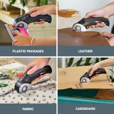 Demonstrates the product's versatility by showing it can cut through multiple different materials including plastic packages, leather, fabric, and cardboard, reassuring shoppers of its wide range of…