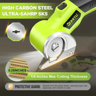 Communicates multiple key product benefits including blade material quality, cutting capacity specifications, and safety features to reassure shoppers of the product's performance and safety.