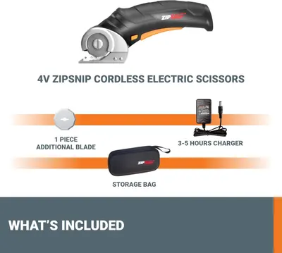 Shows the customer everything included with the cordless electric scissors purchase: the main product, an extra blade, a 3-5 hour charger, and a storage bag for convenience and portability.