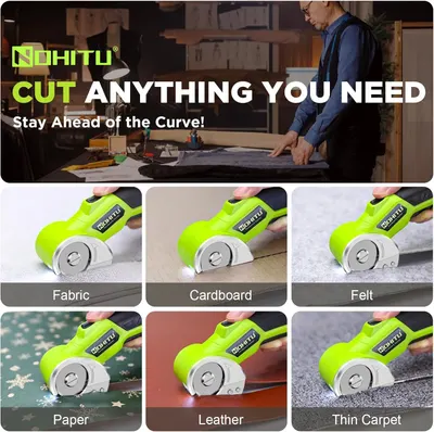 Demonstrates the product's versatility by showing it can cut multiple different materials (fabric, cardboard, felt, paper, leather, thin carpet), reassuring shoppers that this rotary cutter is…