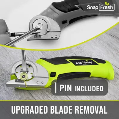 Informs the shopper that a pin accessory is included with the product, highlighting the added value and convenience of the purchase. Highlights the upgraded blade removal feature as a key benefit,…