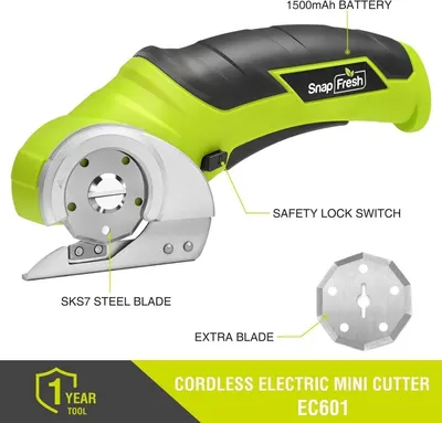 This image breaks down the key physical components and features of the cordless electric mini cutter, helping shoppers understand what parts make up the product and what's included.
