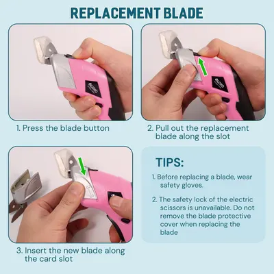 This image provides step-by-step instructions on how to safely replace the blade on the electric scissors, reassuring shoppers that maintenance is simple and straightforward.