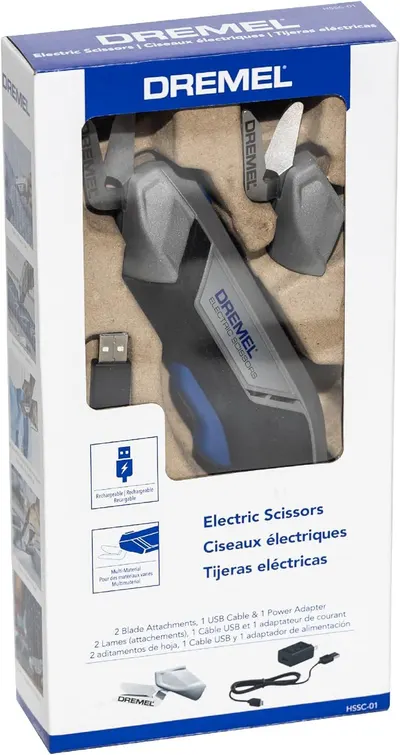 Shows the customer everything included in the package: electric scissors, blade attachments, USB cable, and power adapter, helping them understand the full value of the purchase.