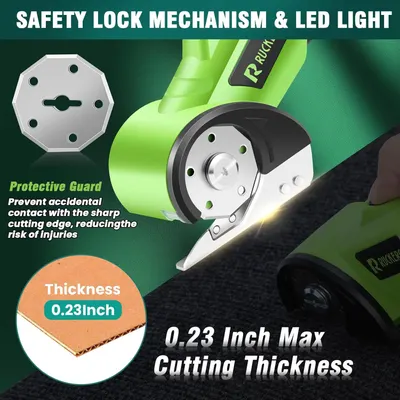 Communicates multiple key features of this cutting tool including safety mechanisms, protective guard to prevent injuries, LED lighting, and cutting capacity specifications to reassure shoppers of…