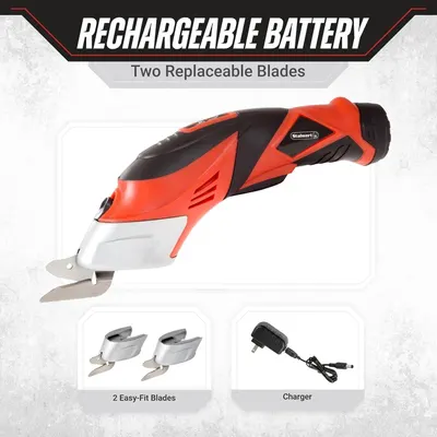 Shows everything included in the package—the cordless cutting tool with rechargeable battery, two easy-fit replacement blades, and a charger—to help shoppers understand the complete value of their…