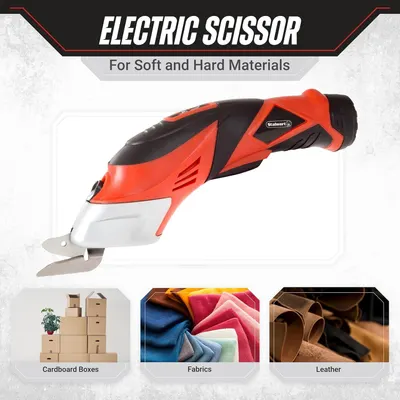 Demonstrates the electric scissor's versatility by showing three distinct material types it can cut—cardboard boxes, fabrics, and leather—reassuring shoppers that this tool works across multiple use…