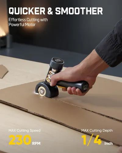 Communicates the product's performance capabilities with specific quantifiable stats (230 RPM cutting speed and 1/4 inch cutting depth) to demonstrate power and efficiency for cutting tasks.…