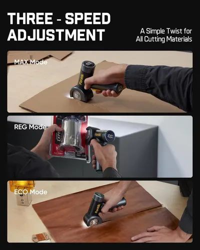 Demonstrates the product's versatility by showing three different speed modes (MAX, REG, ECO) for different cutting materials and applications, reassuring shoppers that the tool adapts to various…