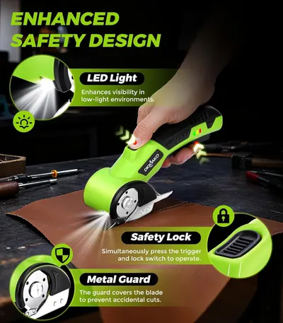 Highlights the product's three key safety features—LED light for visibility, safety lock mechanism, and metal blade guard—to reassure shoppers that this rotary cutter is designed with enhanced…