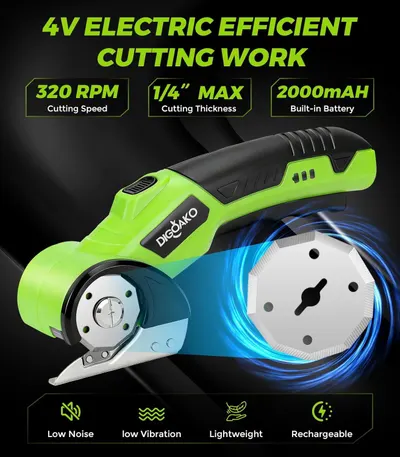 Communicates multiple key performance specifications and benefits of the electric cutting tool in a segmented layout to help shoppers understand its capabilities and advantages.