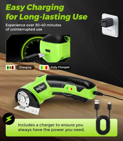 Communicates that the product is easy to charge and provides 30-40 minutes of continuous use, reassuring shoppers about battery convenience and runtime.