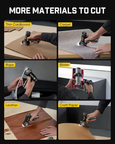 Demonstrates the product's versatility by showing it can cut through six different materials (thin cardboard, carpet, rope, blister packaging, leather, and craft paper), reassuring shoppers of its…
