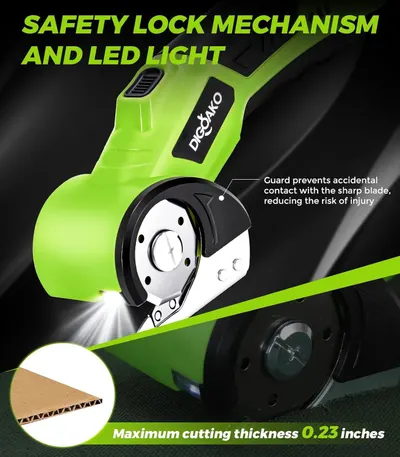 Highlights the safety features of the power tool, specifically the guard that prevents accidental contact with the blade and the LED light for visibility, reassuring shoppers about safe operation.…