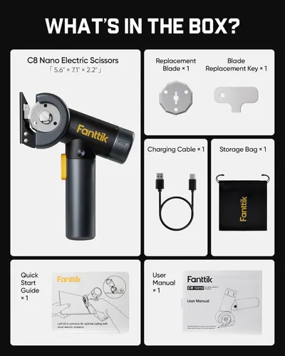 Shows the customer everything included in the package: the C8 Nano Electric Scissors, replacement blade, replacement key, charging cable, storage bag, quick start guide, and user manual to…