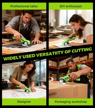Demonstrates the product's versatility by showing it being used across four different professional and personal contexts (tailoring, DIY home projects, design work, and packaging/warehouse…