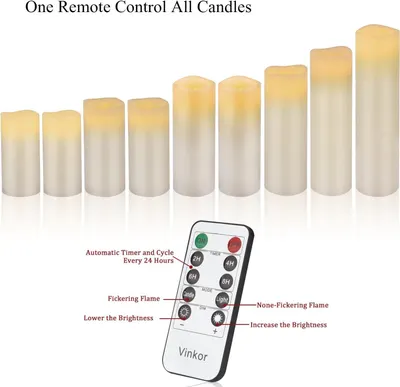 This image breaks down the remote control's physical buttons and their functions, showing shoppers how to operate the candles with labeled callouts for each control feature. Communicates multiple…