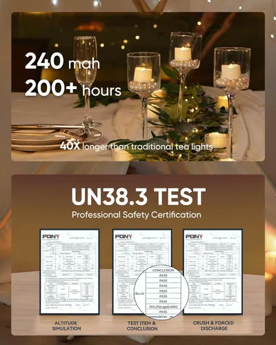 Communicates the product's superior battery performance with quantifiable stats (240 mAh, 200+ hours, 40X longer than traditional tea lights) to demonstrate exceptional value and longevity. Provides…