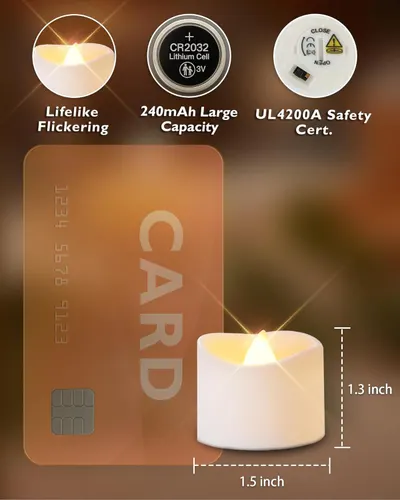 Communicates multiple key selling benefits of the LED candle including realistic flame effect, long-lasting battery, safety certification, and convenient dimensions to reassure shoppers of quality…