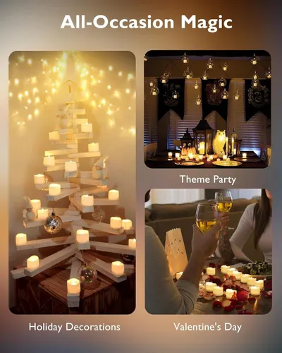 Demonstrates the versatility of the product (likely LED candles or string lights) by showing it used in multiple occasions and settings—holiday decor, themed parties, and romantic occasions—to…