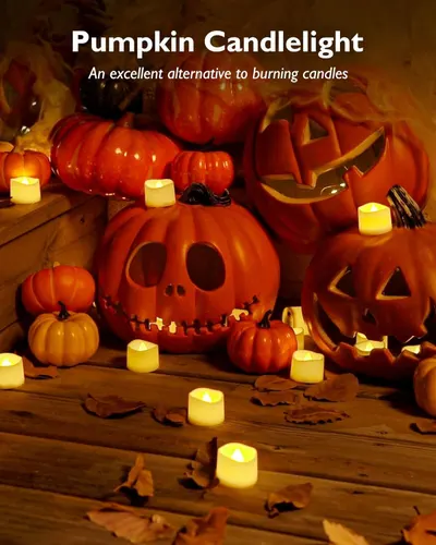 Positions the product as a safe, flameless alternative to traditional candles for Halloween and fall seasonal decorating, showing it in use with carved pumpkins. Communicates the core benefit that…