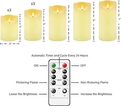 Shows the available size options for the candles with exact height measurements, helping shoppers choose the right size for their needs. Demonstrates the multiple functional features of the remote…