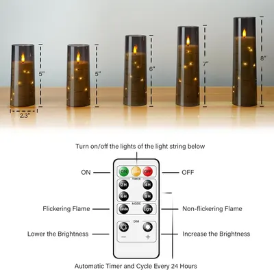 Shows the five available size options with exact height measurements (5, 5, 6, 7, and 8 inches) and consistent diameter (2.3 inches) to help shoppers choose the right candle size for their needs.…