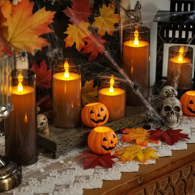 Positions the product (LED candles) as perfect for Halloween and fall seasonal decorating, creating a festive and spooky atmosphere for holiday celebrations.