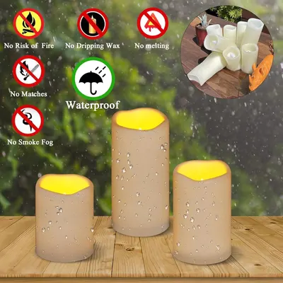 Communicates that these LED candles are safe alternatives to traditional candles, eliminating fire hazards, wax mess, and smoke while being waterproof for outdoor use. Highlights multiple distinct…