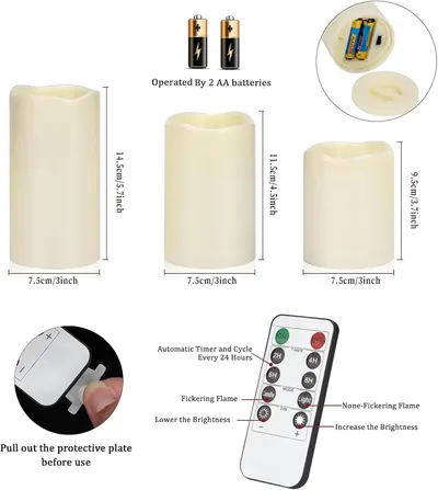 This image communicates multiple product features and benefits in a segmented layout, showing shoppers the candles' size options, battery operation, remote control functionality with timer settings,…