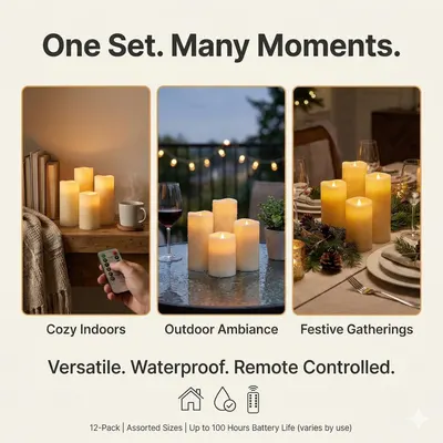 Demonstrates the versatility of the candle set by showing it in three distinct environments (cozy indoors, outdoor ambiance, festive gatherings) to help shoppers visualize how the product fits…
