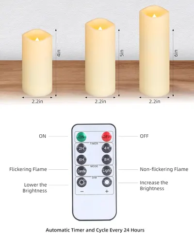 Shows the exact physical dimensions of three candle size options (4in, 5in, 6in heights with 2.2in diameter) to help shoppers choose the right size for their needs. Explains how to operate the LED…