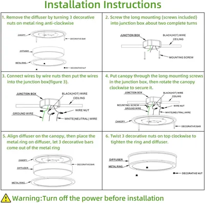 Provides detailed step-by-step installation instructions for a ceiling light fixture, showing shoppers exactly how to install the product safely and correctly.
