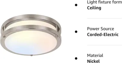 This image breaks down the key specifications of the ceiling light fixture, highlighting its form factor, power source type, and material composition to help shoppers understand the product's…