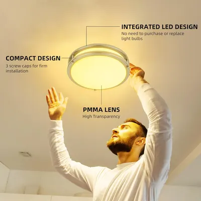 This image breaks down the ceiling light's key physical components and design features to help shoppers understand the product's construction, installation method, and material quality. Communicates…