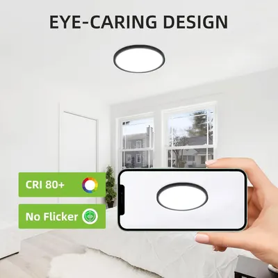 Highlights the eye-caring design features of the ceiling light, emphasizing high color rendering (CRI 80+) and flicker-free performance to reassure shoppers about visual comfort and health benefits.