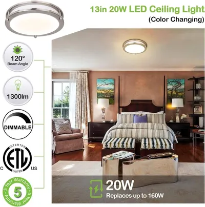 Communicates multiple key selling benefits of the ceiling light in a segmented layout with icons and callouts, including beam angle, brightness, dimmability, safety certification, warranty, and…