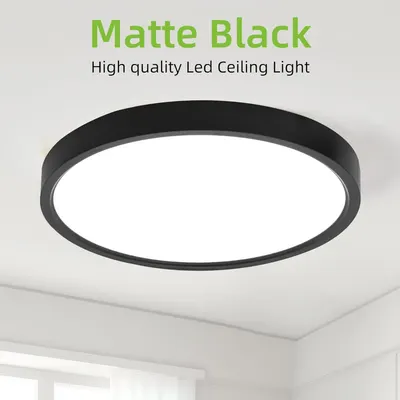 Highlights the matte black finish and high quality of the LED ceiling light to communicate aesthetic appeal and premium quality to shoppers.