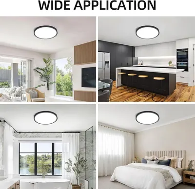 Demonstrates the ceiling light fixture's versatility by showing it installed in four different room types (living room, kitchen, bathroom, bedroom), reassuring shoppers that it works in multiple…