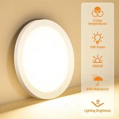Communicates multiple key technical specifications and benefits of the ceiling light in a segmented vertical layout, helping shoppers quickly understand the product's versatility, power, brightness,…