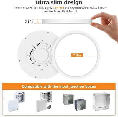 Communicates the product's ultra-slim 0.94-inch thickness and 7.5-inch diameter to reassure shoppers it will fit flush and work in tight spaces. Shows compatibility with multiple types of junction…