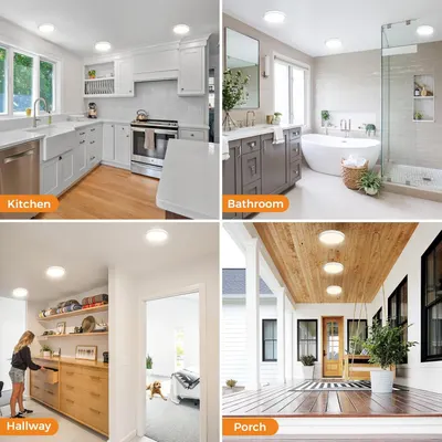 Demonstrates the product's versatility by showing it installed in multiple different home environments (kitchen, bathroom, hallway, porch) to reassure shoppers it works throughout the entire home.