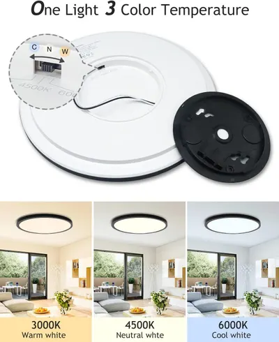 Highlights the product's adjustable color temperature feature, showing the wiring mechanism and demonstrating the three lighting options (warm, neutral, cool white) to help shoppers understand the…