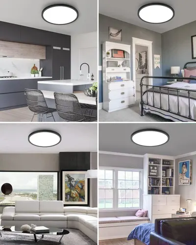 Demonstrates the ceiling light fixture's versatility by showing it installed in multiple different room types and interior design styles, reassuring shoppers it works in any space.