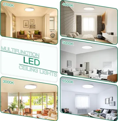 Demonstrates the LED ceiling light's versatility by showing it in multiple room settings (living room, bedroom, etc.) with different color temperature options (2700K-6500K) to help shoppers…