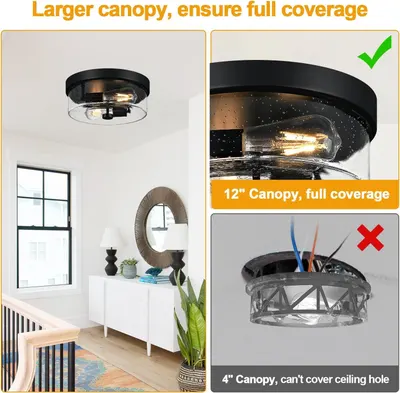 Demonstrates that this product's 12-inch canopy provides full ceiling coverage compared to a smaller 4-inch competitor canopy that leaves gaps and exposed ceiling holes visible. Highlights the…