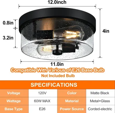 Communicates the exact physical dimensions of the ceiling light fixture to help shoppers determine if it will fit their space. Provides detailed product specifications including voltage, wattage,…