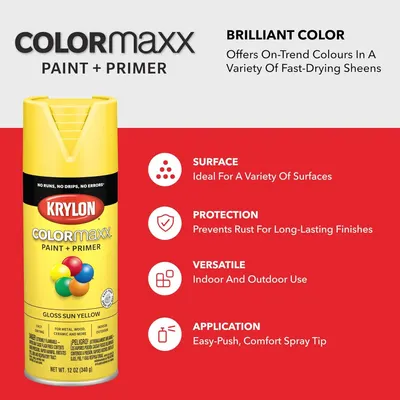Communicates multiple key benefits of the Krylon ColorMaxx paint in a segmented layout, highlighting color quality, surface compatibility, protection, versatility, and ease of use to help shoppers…